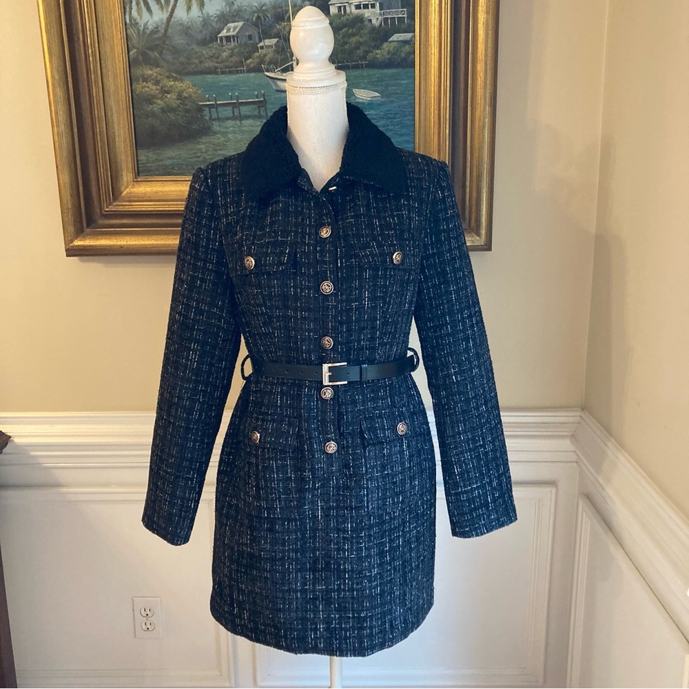 COMMENSE Black Fur Collar Tweed Blazer Belted Dress NWT - Picture 13 of 14